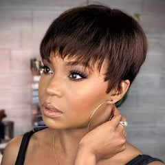 Short Brown Wavy Pixie Wig with Bangs