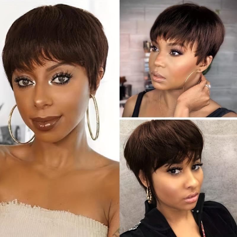 Short Brown Wavy Pixie Wig with Bangs