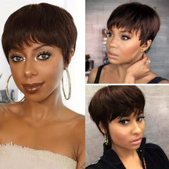 Short Brown Wavy Pixie Wig with Bangs