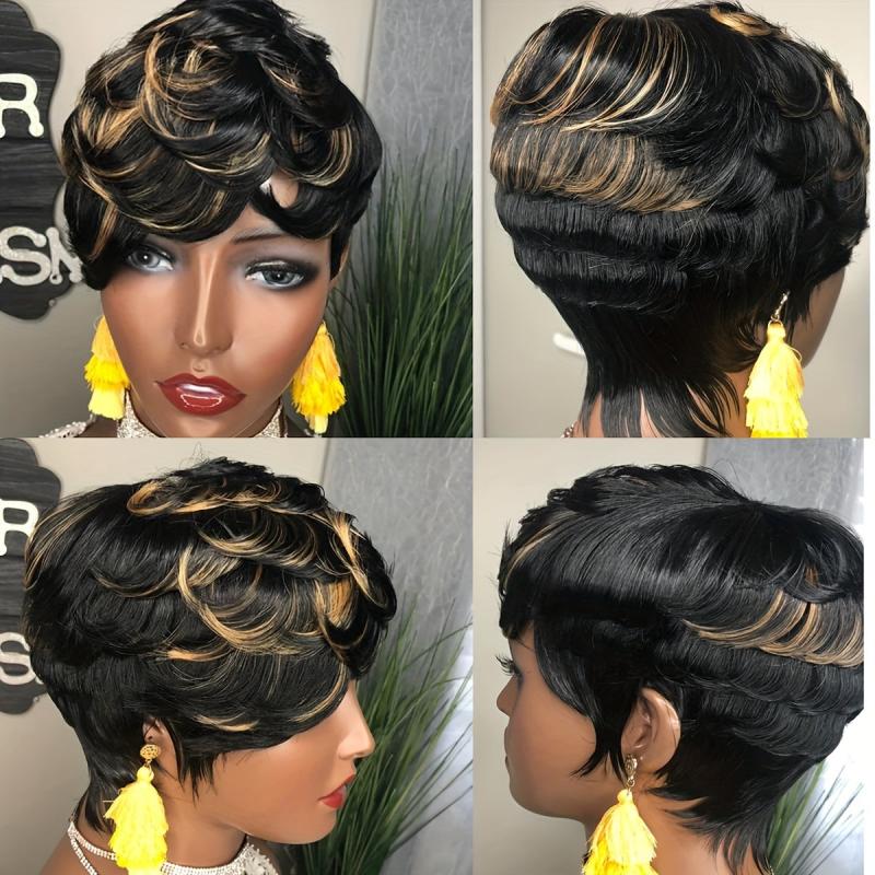 Pixie Cut Highlight Ombre Blond 1B 27 Short Straight Pixie Cut Hair Bob Wig