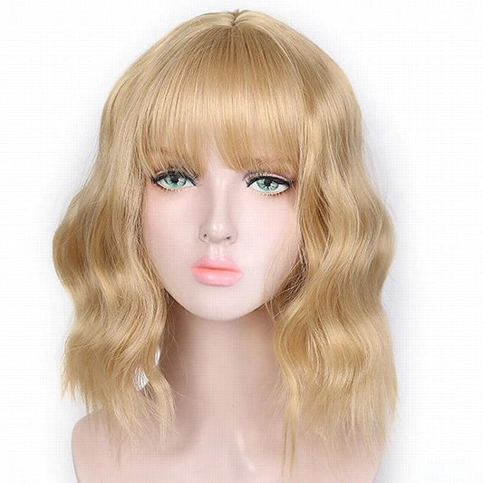 Short Wavy Wig With Bangs Synthetic Curly Shoulder Length Cosplay Hair for Women