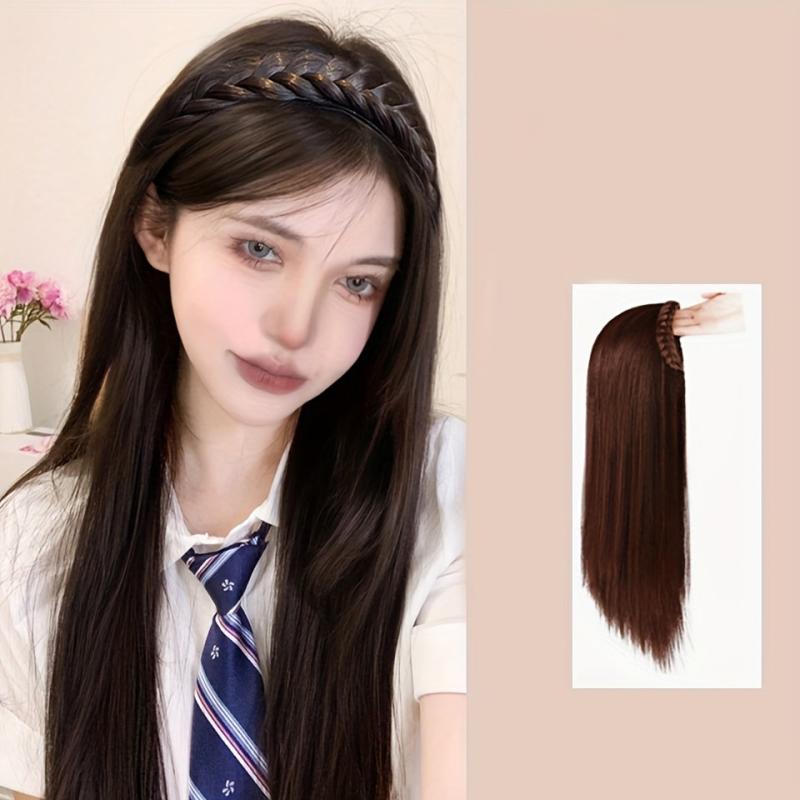 Long Straight Wig With Braided Headband Synthetic Wig