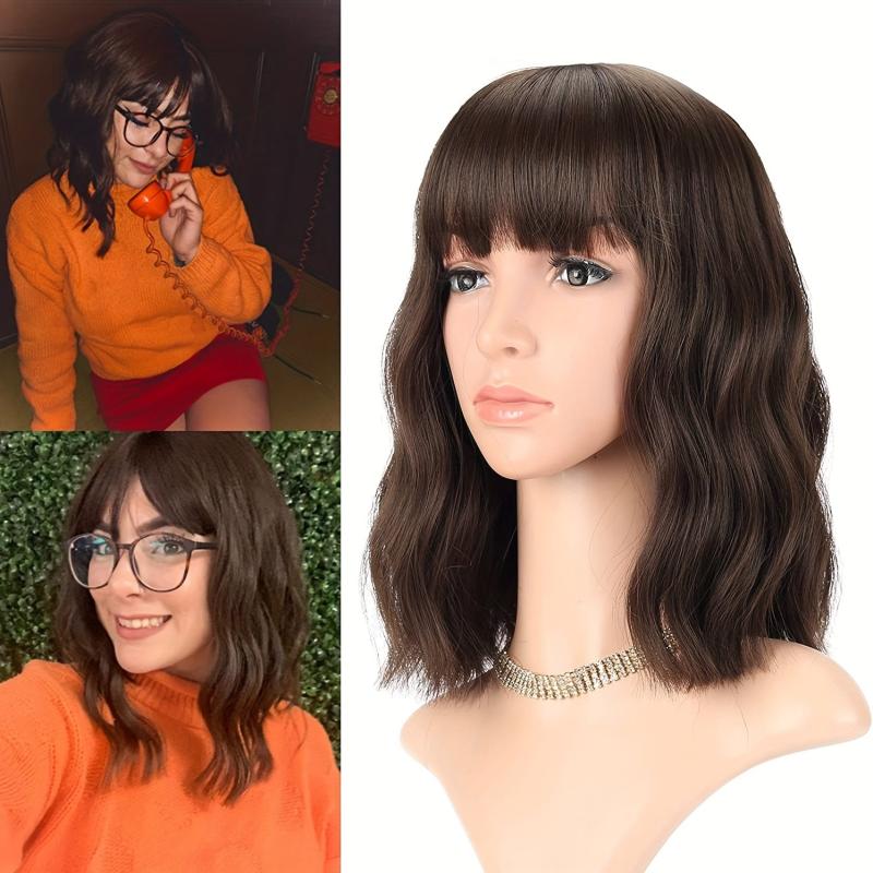 Shoulder Length Wave Bob Wig With Bangs Synthetic Cosplay Costume Wig