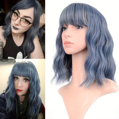 Shoulder Length Wave Bob Wig With Bangs Synthetic Cosplay Costume Wig