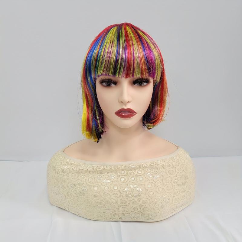Rainbow Colors Short Hair Bob Wig With Bangs Synthetic Cosplay Daily Party Wig