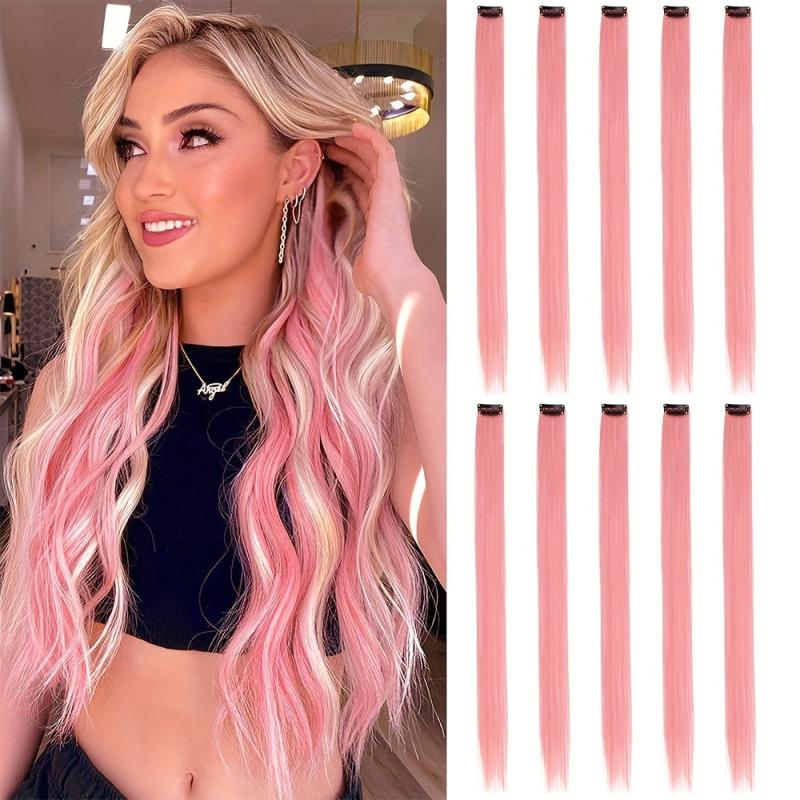 Pink Clip In Hair Extensions 10 PCS Highlight Hair Piece