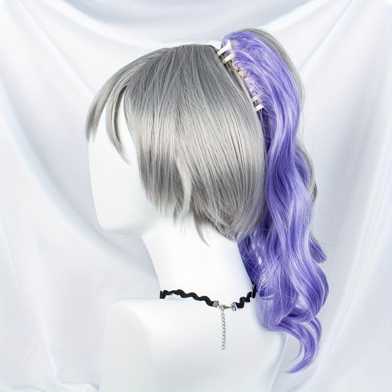 Silvery Wig With Purple Ponytail Synthetic Wig With Bangs Anime Cosplay