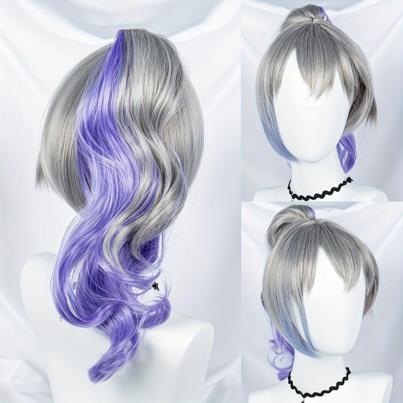 Silvery Wig With Purple Ponytail Synthetic Wig With Bangs Anime Cosplay