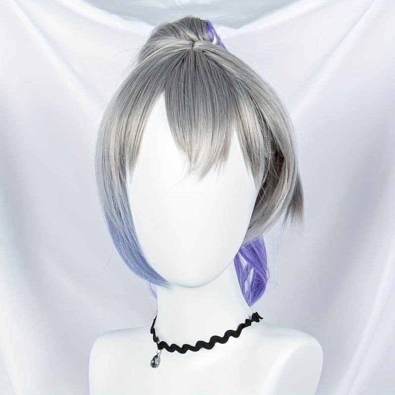 Silvery Wig With Purple Ponytail Synthetic Wig With Bangs Anime Cosplay
