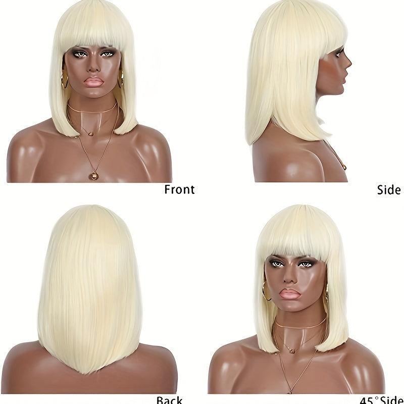 Short Straight Bob Wig with Bangs 613 Blonde Synthetic Heat Resistant Wig