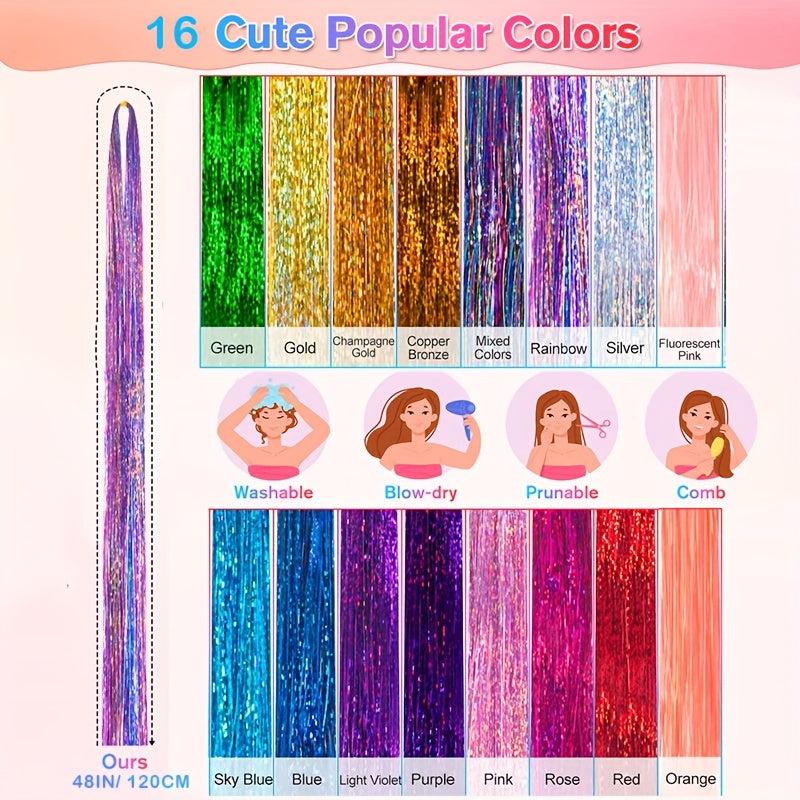 16 Colors Hair Tinsel Kit 92 cm Fairy Hair Extensions