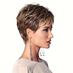 Short Auburn Pixie Haircut Wig With Bangs Layered Wavy Wine Color