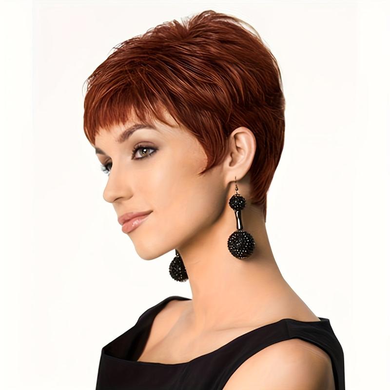 Short Auburn Pixie Haircut Wig With Bangs Layered Wavy Wine Color
