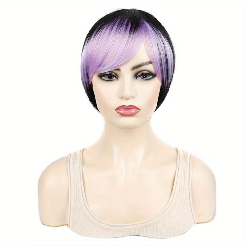Colorful Straight Wigs Highlight Bangs 2 Tones Pixie Cut Funky Wig