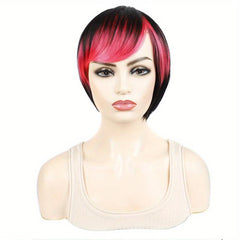 Colorful Straight Wigs Highlight Bangs 2 Tones Pixie Cut Funky Wig