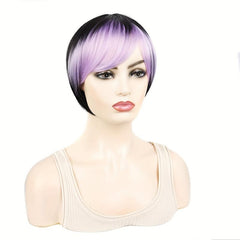 Colorful Straight Wigs Highlight Bangs 2 Tones Pixie Cut Funky Wig
