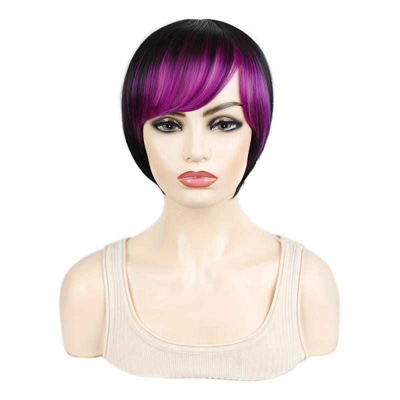 Colorful Straight Wigs Highlight Bangs 2 Tones Pixie Cut Funky Wig