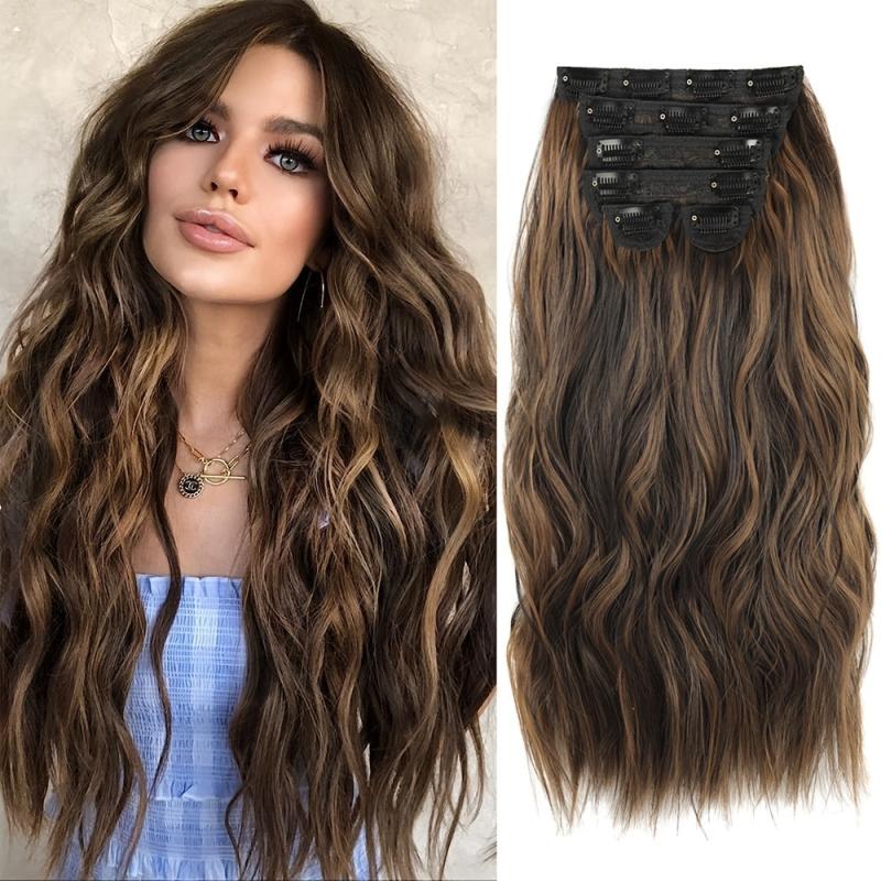 6 Pcs Clip In Long Wavy Hair Extensions Full Head Curly Wavy Hairpiece Set