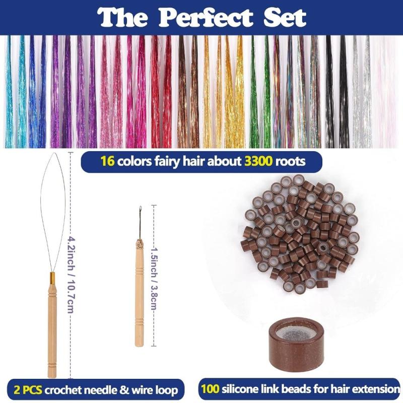 16 Colors Hair Tinsel Kit - 3300 Strands Tinsel Hair Extensions