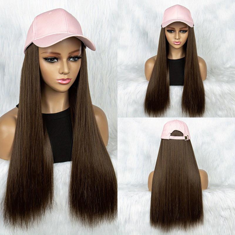 Long Synthetic Hair Wigs With Hats for Women - Pink Baseball Cap Wigs 55 88 Cm