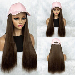 Long Synthetic Hair Wigs With Hats for Women - Pink Baseball Cap Wigs 55 88 Cm
