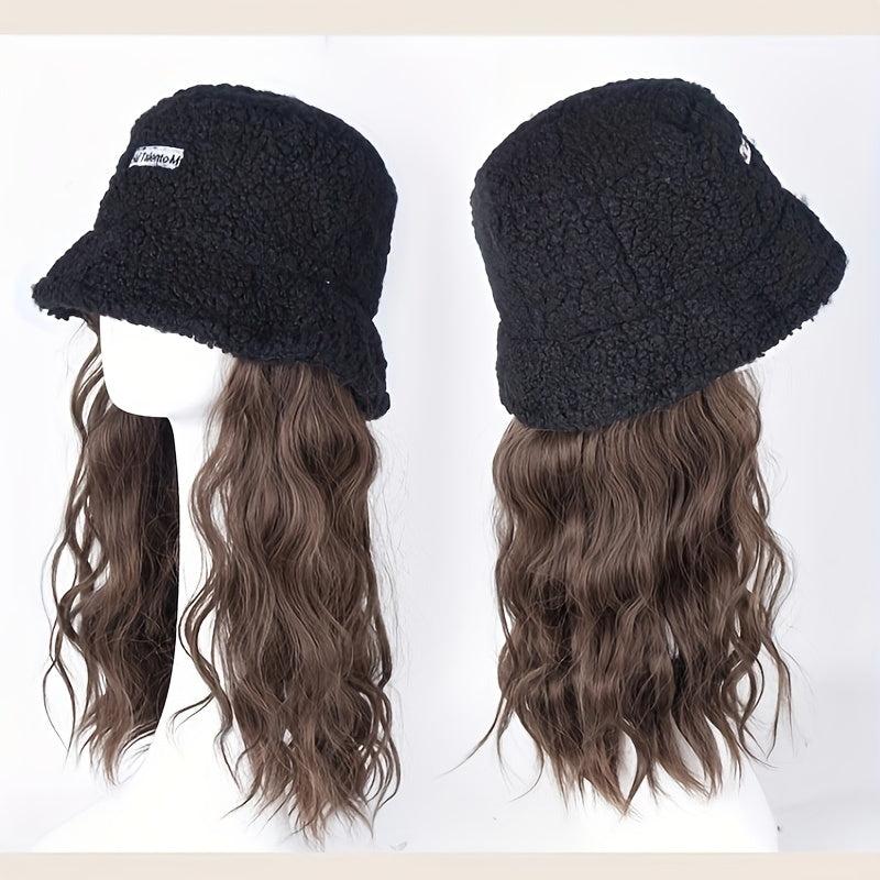 Women's Fisherman Hat Wig Autumn Winter Long Hair Curly Wig Cap
