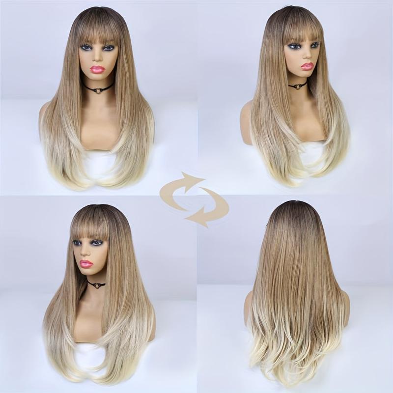 Long Straight Layered Wig Ombre Blonde Wigs With Bangs