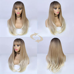 Long Straight Layered Wig Ombre Blonde Wigs With Bangs