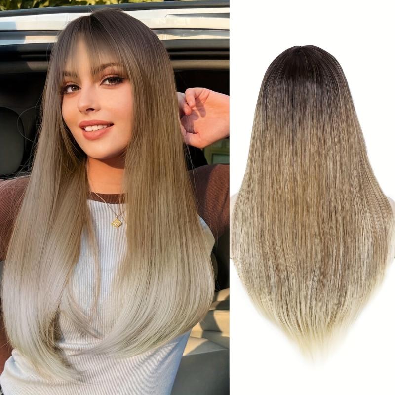 Long Straight Layered Wig Ombre Blonde Wigs With Bangs