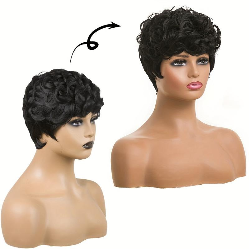 Short Curly Pixie Cut Synthetic Wigs With Bangs For Women 15