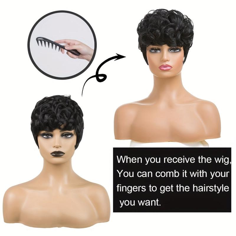 Short Curly Pixie Cut Synthetic Wigs With Bangs For Women 15