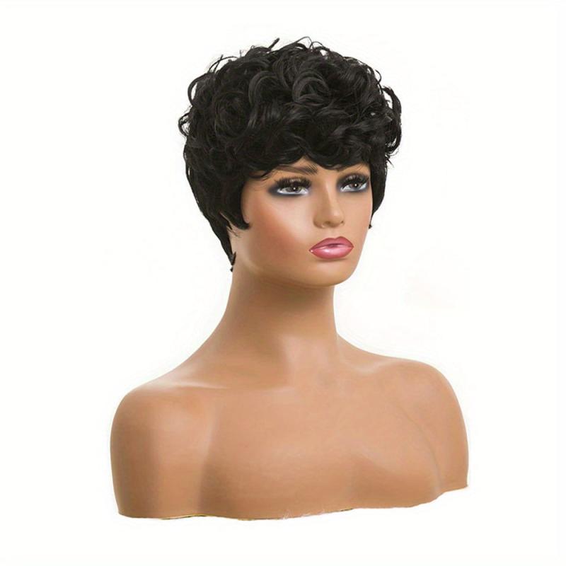 Short Curly Pixie Cut Synthetic Wigs With Bangs For Women 15