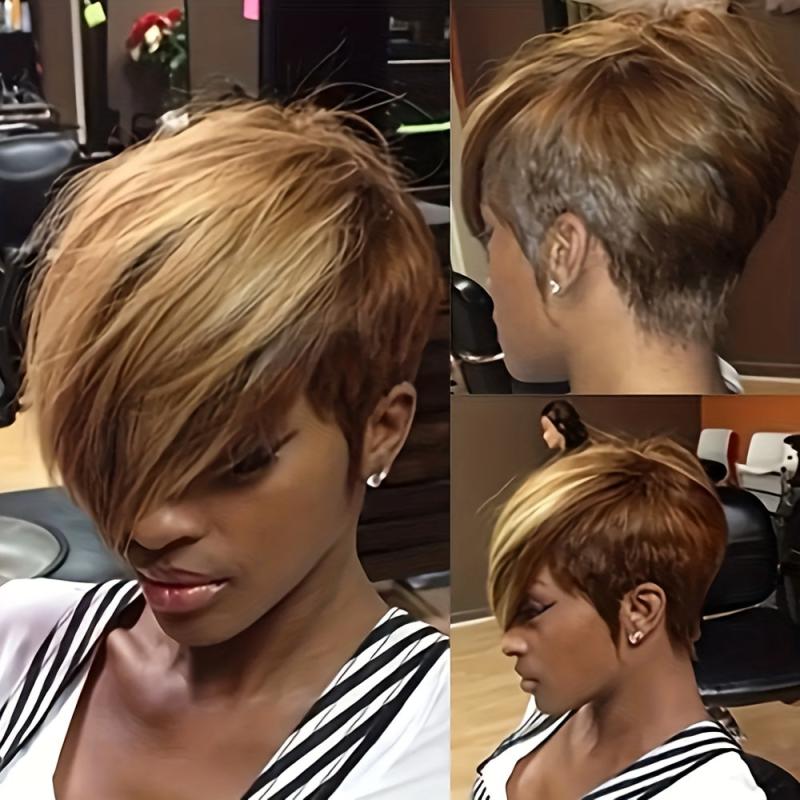 Pixie Cut Wigs With Bangs Ombre Bob Wigs Brown Synthetic Wig