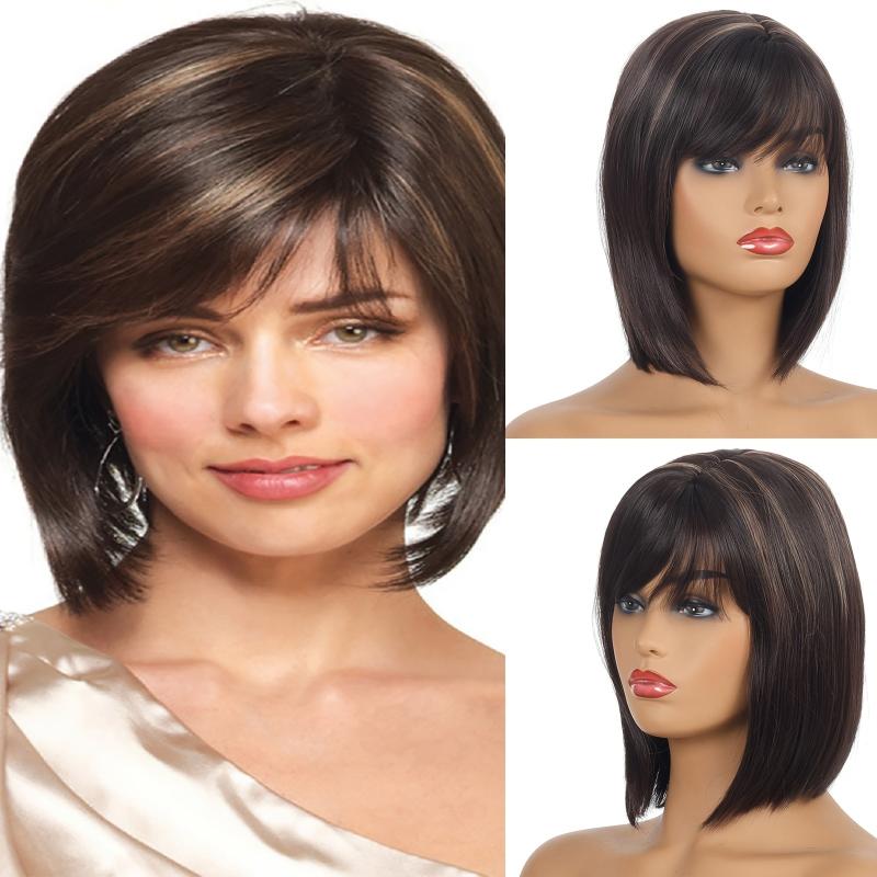 Women's Brown Diagonal Bangs Short Bob Wig Heat Resistant Cosplay Headwear