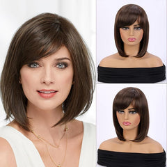Women's Brown Diagonal Bangs Short Bob Wig Heat Resistant Cosplay Headwear