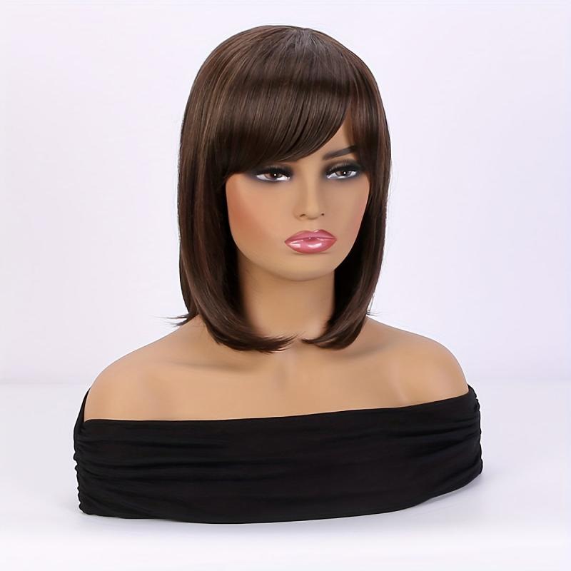 Women's Brown Diagonal Bangs Short Bob Wig Heat Resistant Cosplay Headwear