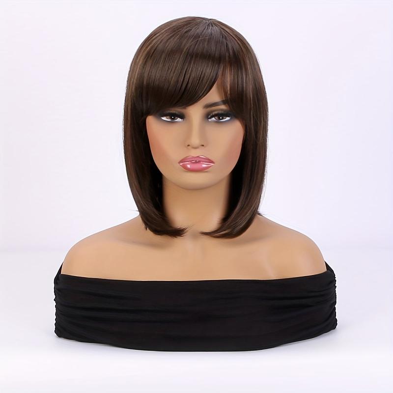 Women's Brown Diagonal Bangs Short Bob Wig Heat Resistant Cosplay Headwear