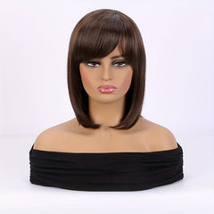 Women's Brown Diagonal Bangs Short Bob Wig Heat Resistant Cosplay Headwear