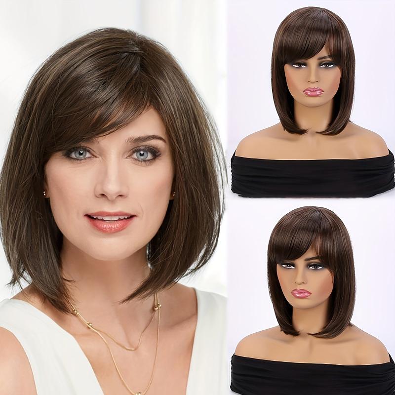 Women's Brown Diagonal Bangs Short Bob Wig Heat Resistant Cosplay Headwear