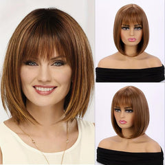 Women's Brown Diagonal Bangs Short Bob Wig Heat Resistant Cosplay Headwear