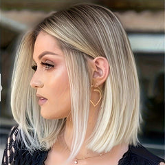 Short Bob Wig Women Synthetic Hair Blonde Highlights Middle Part
