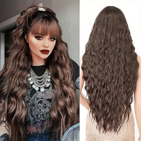 Ombre Long Curly Wavy Synthetic Wig with Bangs Fashionable for Daily Use
