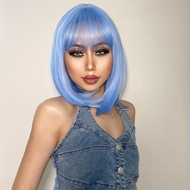 Medium Short Pink Bob Wig with Bangs for Women