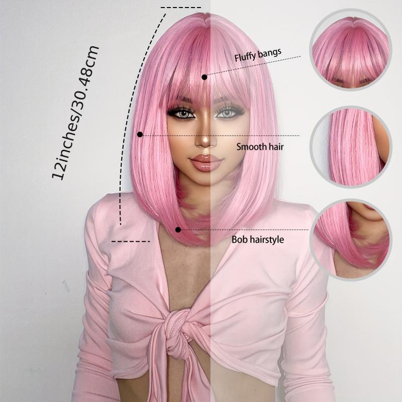 Medium Short Pink Bob Wig with Bangs for Women
