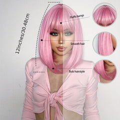 Medium Short Pink Bob Wig with Bangs for Women