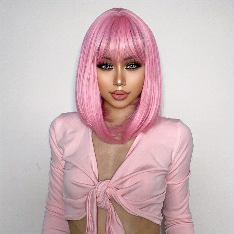 Medium Short Pink Bob Wig with Bangs for Women