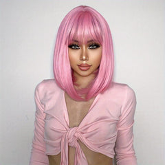 Medium Short Pink Bob Wig with Bangs for Women