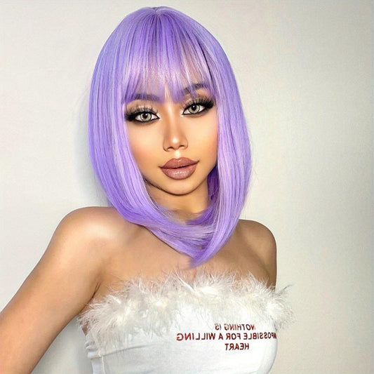 Medium Short Pink Bob Wig with Bangs for Women