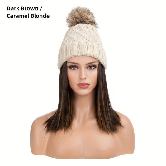 Women's Beanie Hat with Short Straight Hair Extensions Wig