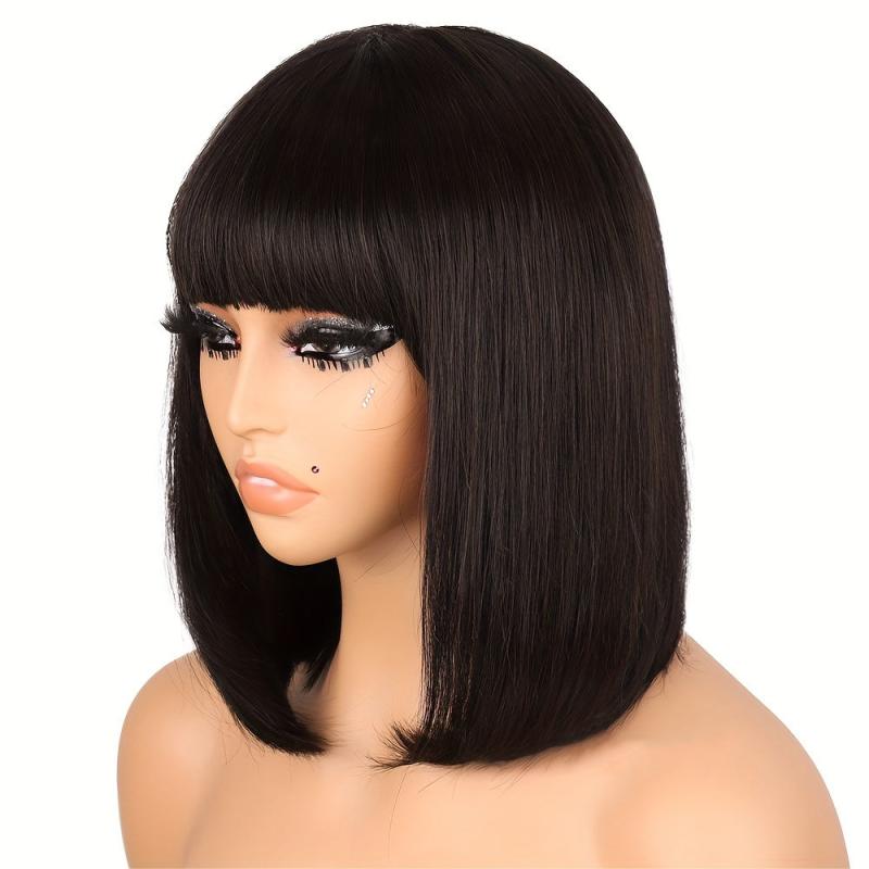 Short Straight Bob Cut Wig With Bangs Synthetic Wig Heat Resistant
